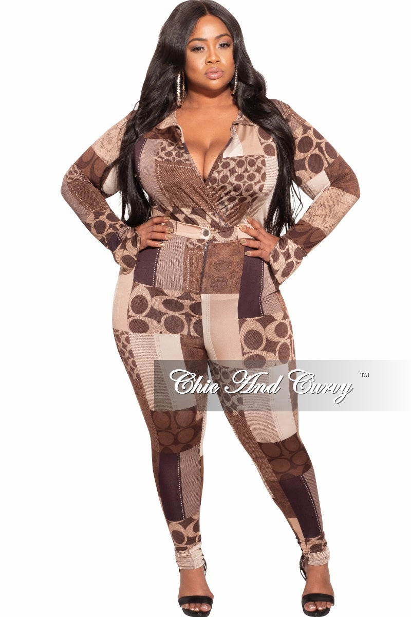 Final Sale Plus Size 2-Piece Collared Faux Wrap Bodysuit and Pants Set in Brown Print Slim Silhouette