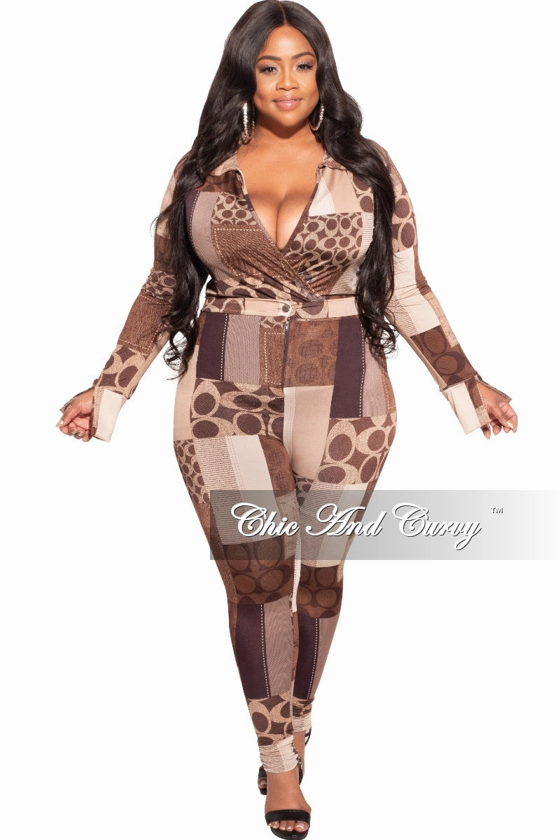 EcoFriendlyMaterial Breathable Comfort Fit Final Sale Plus Size 2-Piece Collared Faux Wrap Bodysuit and Pants Set in Brown Print