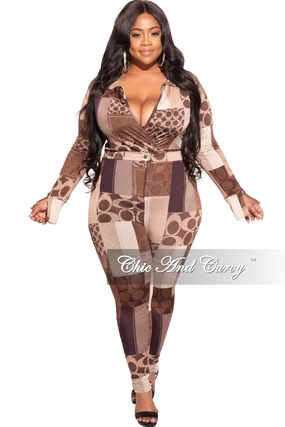 Final Sale Plus Size 2-Piece Collared Faux Wrap Bodysuit and Pants Set in Brown Print Anti Static Fabric Layer Friendly