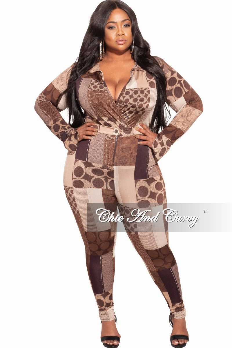 ripstop fabric Final Sale Plus Size 2-Piece Collared Faux Wrap Bodysuit and Pants Set in Brown Print
