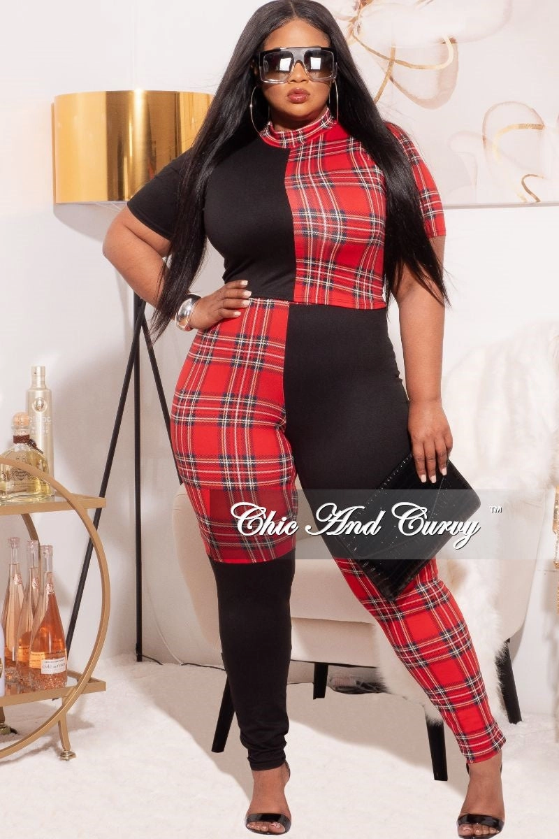 Final Sale Plus Size 2-Piece Color block Plaid Set with Crop Top & Leggings HighDensityWeave Durable Weave