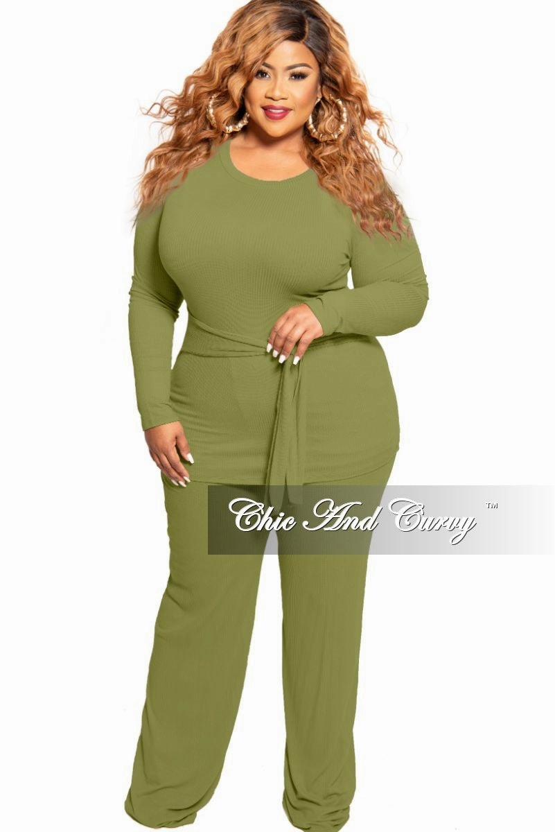 Indoor Comfort Simple and Cozy Final Sale Plus Size 2-Piece Long Sleeve Ribbed Tie Top and Pants Set in Olive