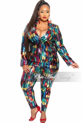 Final Sale Plus Size 2-Piece Pants Suit in Multi-Color Metallic Fabric Travel Fit OrganicCottonBlend