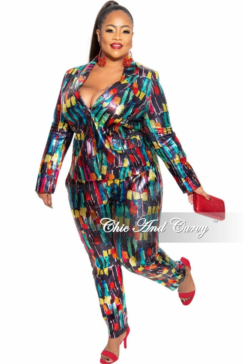Fresh Fit Adjustable drawstring Final Sale Plus Size 2-Piece Pants Suit in Multi-Color Metallic Fabric
