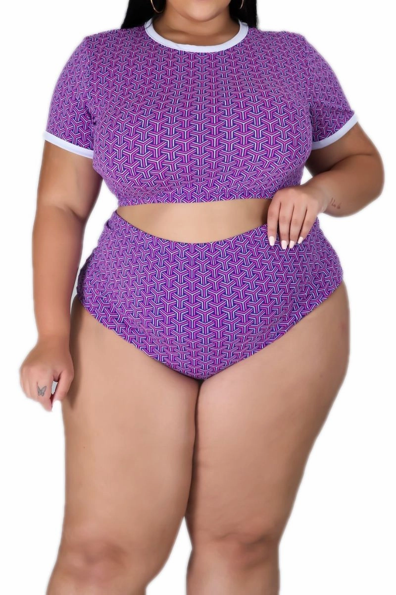 Final Sale Plus Size 2-Piece Poolside Playsuit (Top & Bottom) in Purple Puzzle Print Universal Fit System