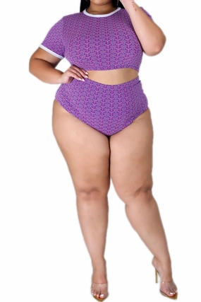 Final Sale Plus Size 2-Piece Poolside Playsuit (Top & Bottom) in Purple Puzzle Print Stretch Material Classic Comfort