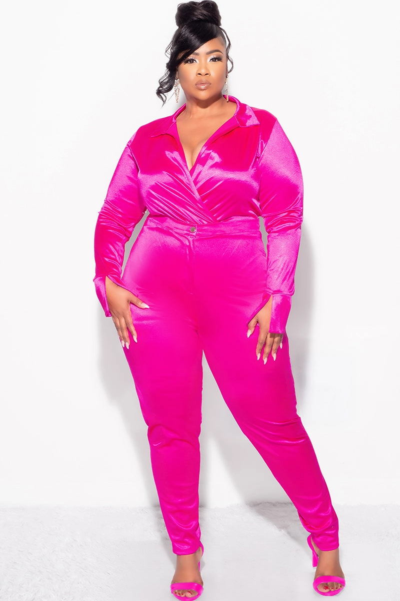 Comfort for All Final Sale Plus Size 2-Piece Satin Collared Faux Wrap Bodysuit and Pants Set in Fuchsia
