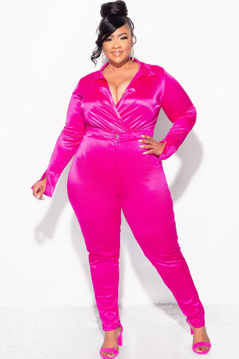 Flat Seams Final Sale Plus Size 2-Piece Satin Collared Faux Wrap Bodysuit and Pants Set in Fuchsia
