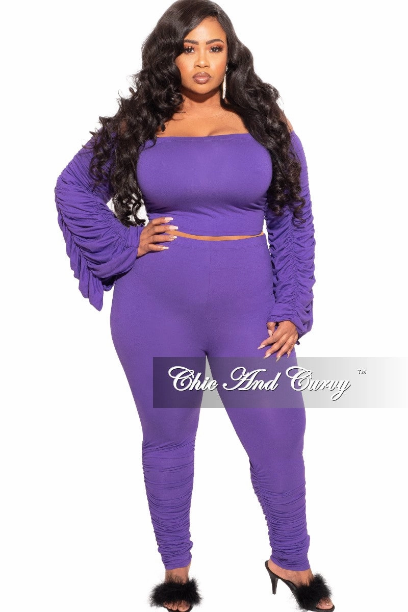 Final Sale Plus Size 2-Piece Set Ruched Top and Pants Set in Purple relaxed shape Layer Ready