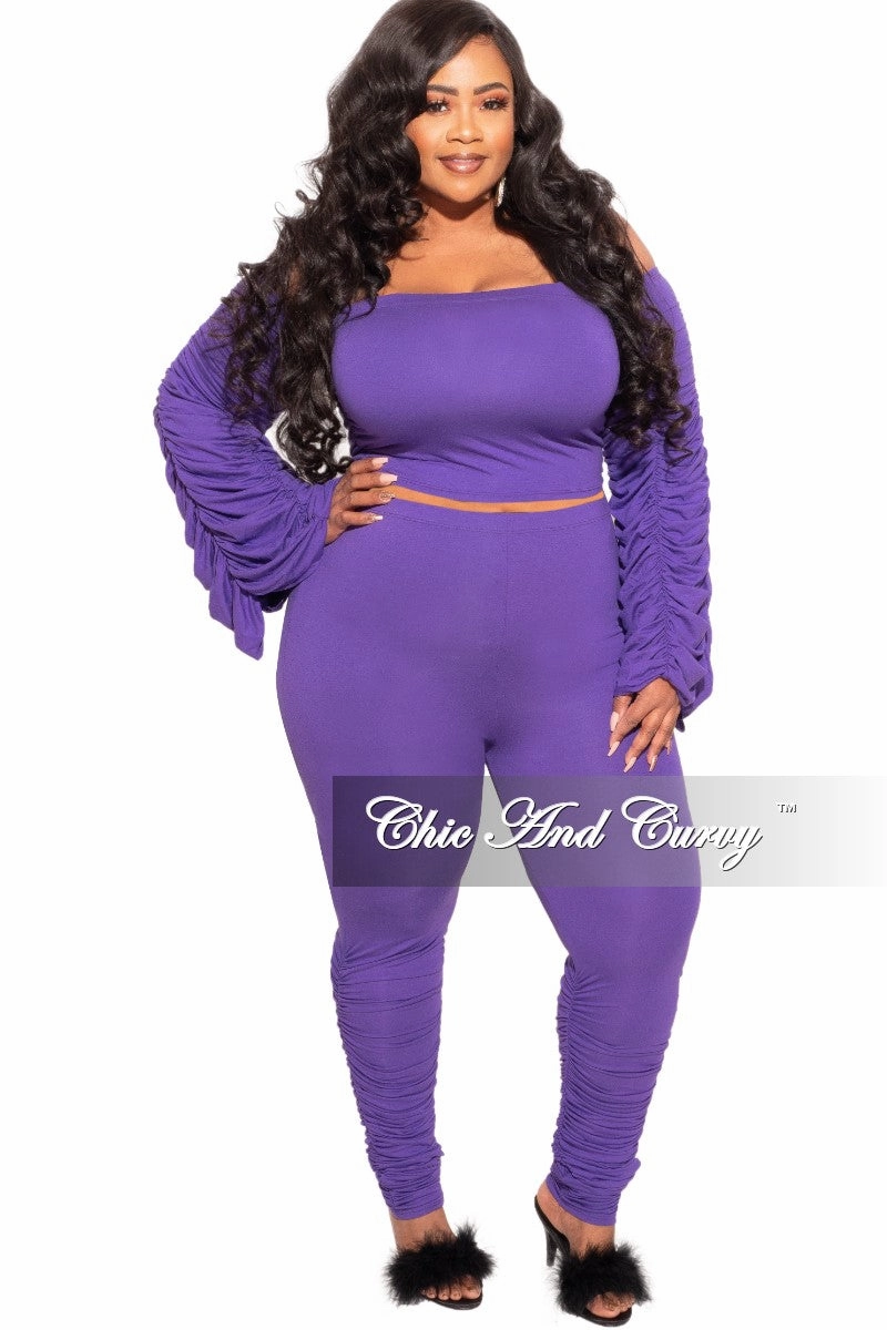 Final Sale Plus Size 2-Piece Set Ruched Top and Pants Set in Purple Abrasion Resistant Panels Comfortable Waistband