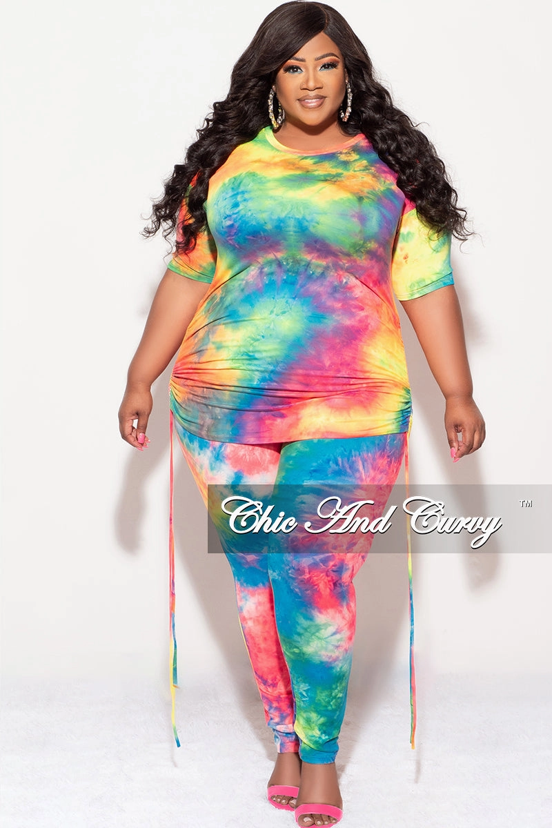 Low Bulk Design Final Sale Plus Size 2-Piece Set Side Ruching Top & Pants in Rainbow Tie Dye Print