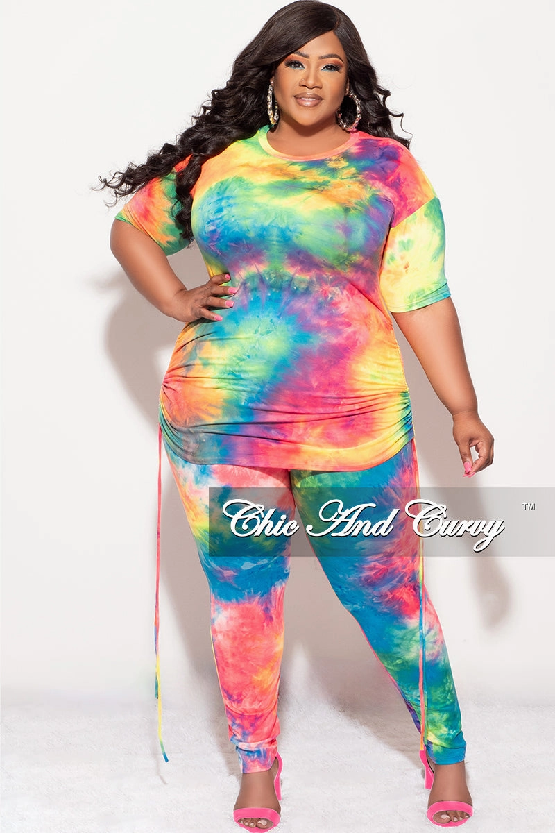 Final Sale Plus Size 2-Piece Set Side Ruching Top & Pants in Rainbow Tie Dye Print Cozy Lining