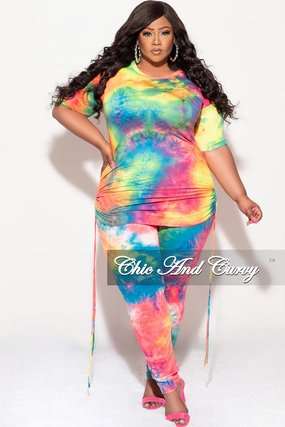 Non Clip Final Sale Plus Size 2-Piece Set Side Ruching Top & Pants in Rainbow Tie Dye Print