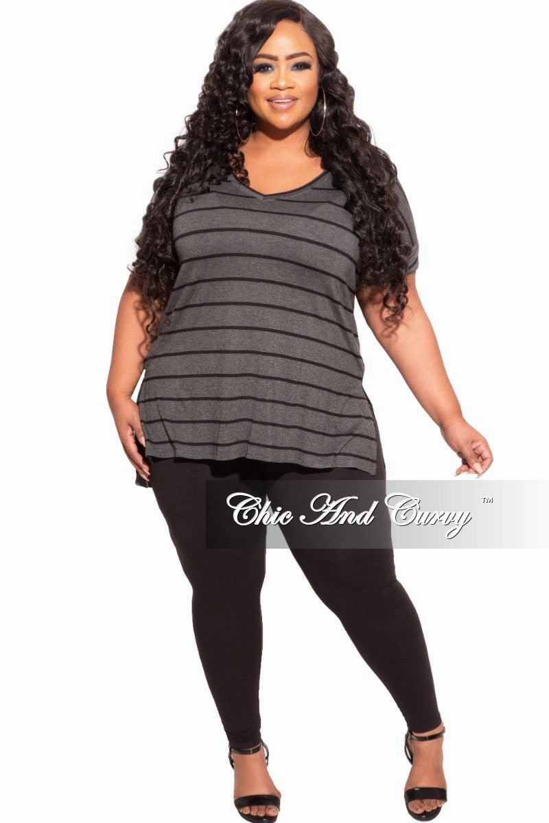 Final Sale Plus Size 2-Piece Striped Top and Solid Legging Set in Black and Grey Stripe Stretchable Waist Anti Snag Threading