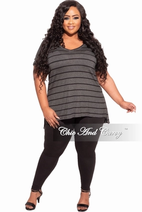 Anti Bacterial Treatment DurableReinforcedMaterial Final Sale Plus Size 2-Piece Striped Top and Solid Legging Set in Black and Grey Stripe