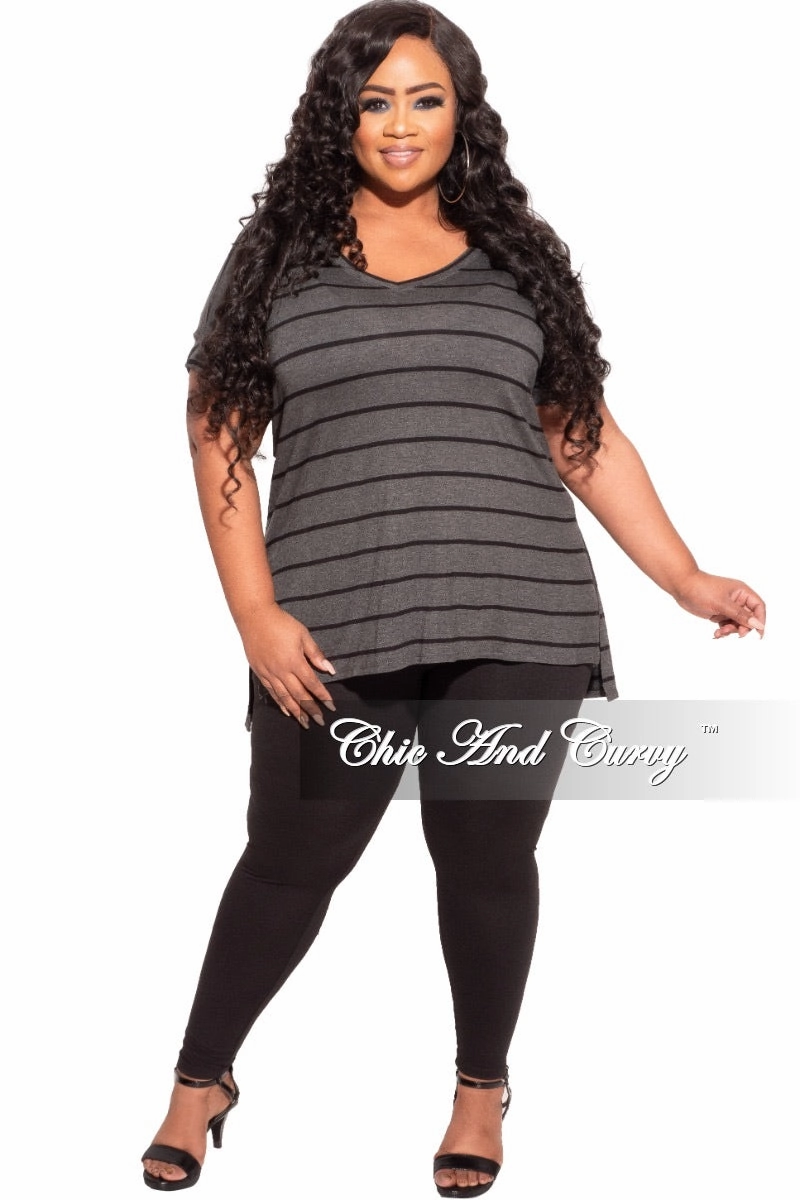 Anti Bacterial Treatment DurableReinforcedMaterial Final Sale Plus Size 2-Piece Striped Top and Solid Legging Set in Black and Grey Stripe