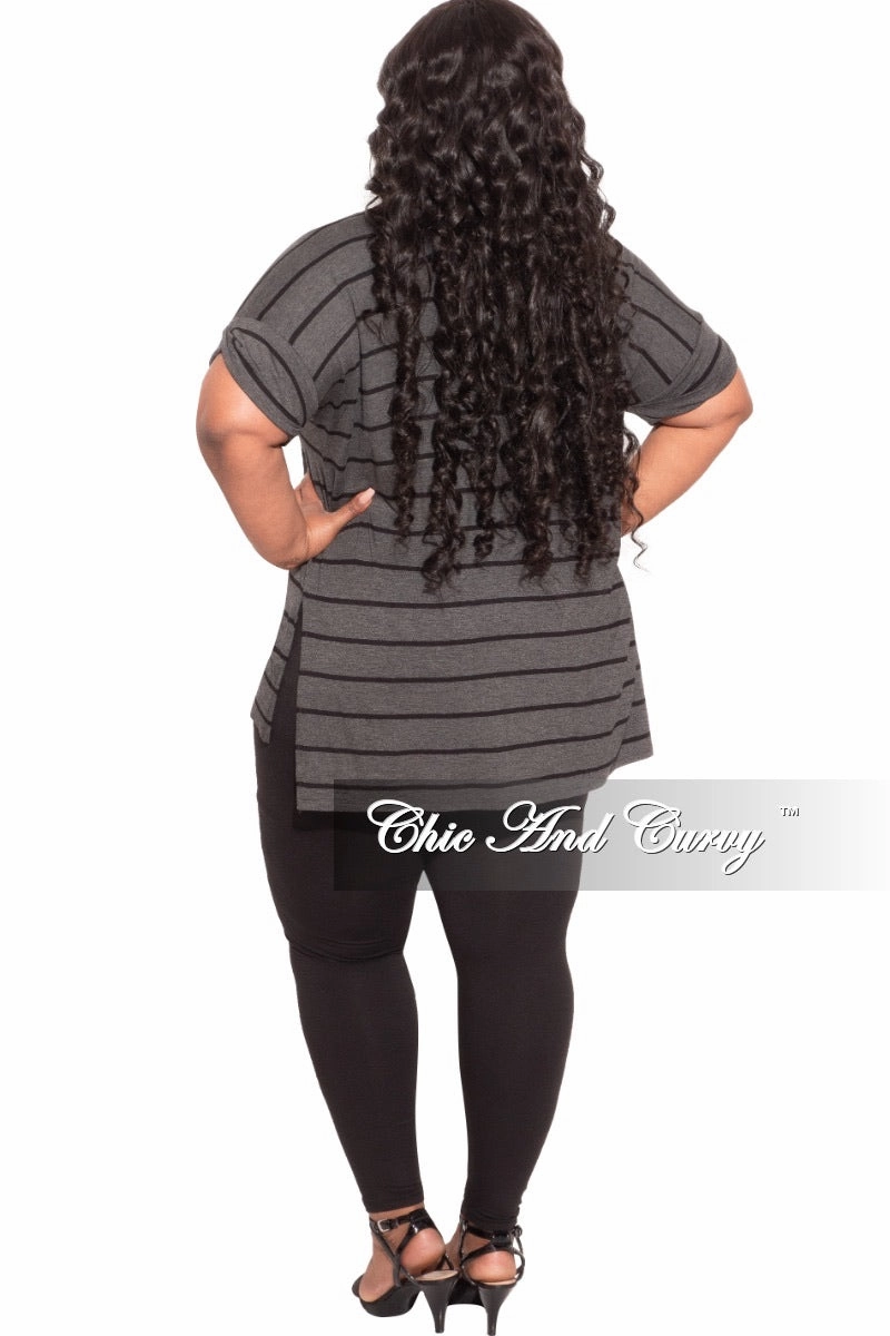 Final Sale Plus Size 2-Piece Striped Top and Solid Legging Set in Black and Grey Stripe Soft Design Casual Comfort
