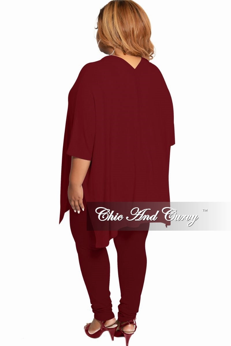 Final Sale Plus Size 2-Piece V-Neck Tunic Top and Matching Legging Set in Burgundy Slim Shape Non Slip Waistband