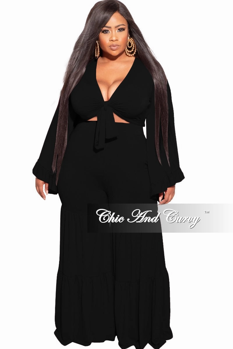 Final Sale Plus Size 2pc Bell Sleeve Crop Tie Top and 3-Layer Pants Set in Black wrinkle free