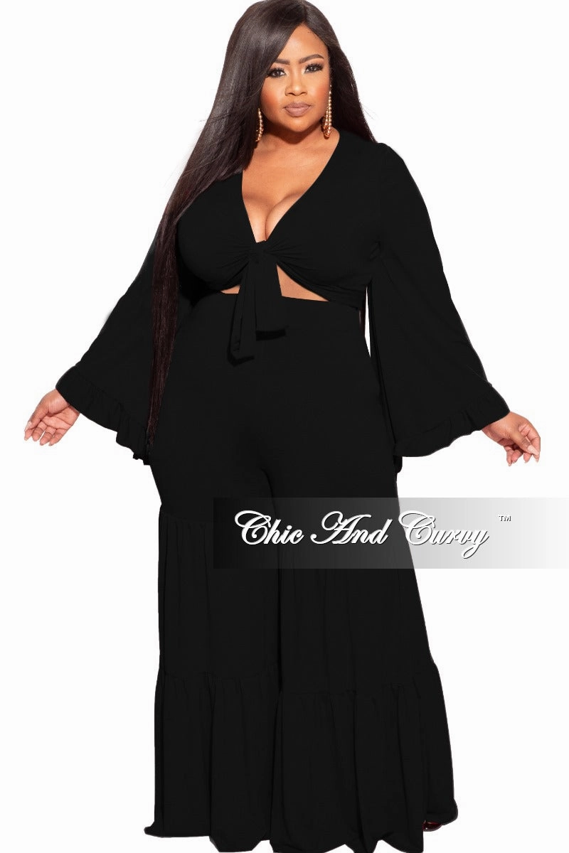 Everyday Ease RecyclablePackaging Final Sale Plus Size 2pc Bell Sleeve Crop Tie Top and 3-Layer Pants Set in Black