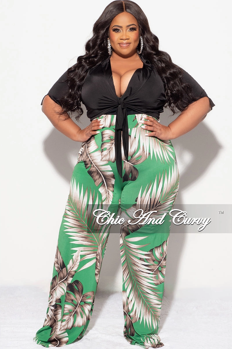 Final Sale Plus Size 2pc Black Collar Crop Tie Top and Pants Set in Green Leaf Print Breathable Style Everyday Ease
