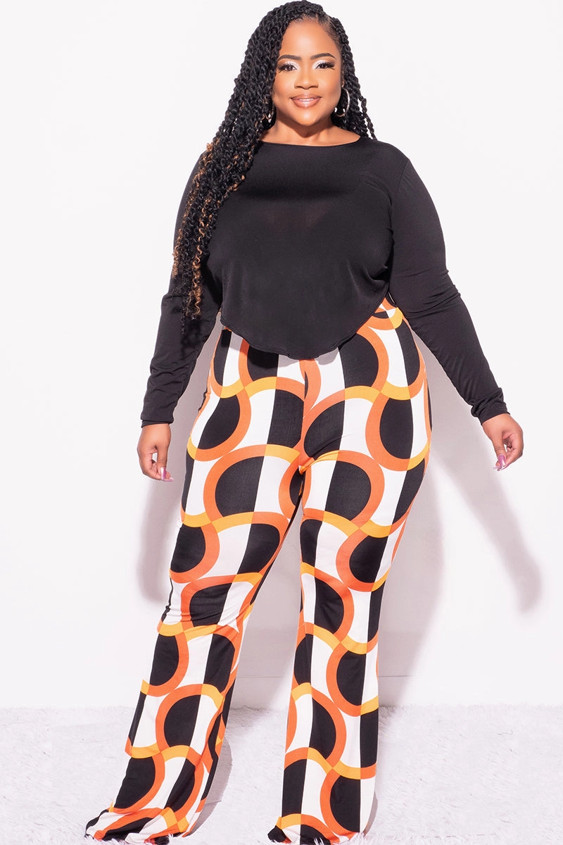 ThermalInsulation LightweightDesign Final Sale Plus Size 2pc Black Long Sleeve Faux Wrap Collar Crop Tie Top and Pants in Orange & Ivory Design Print