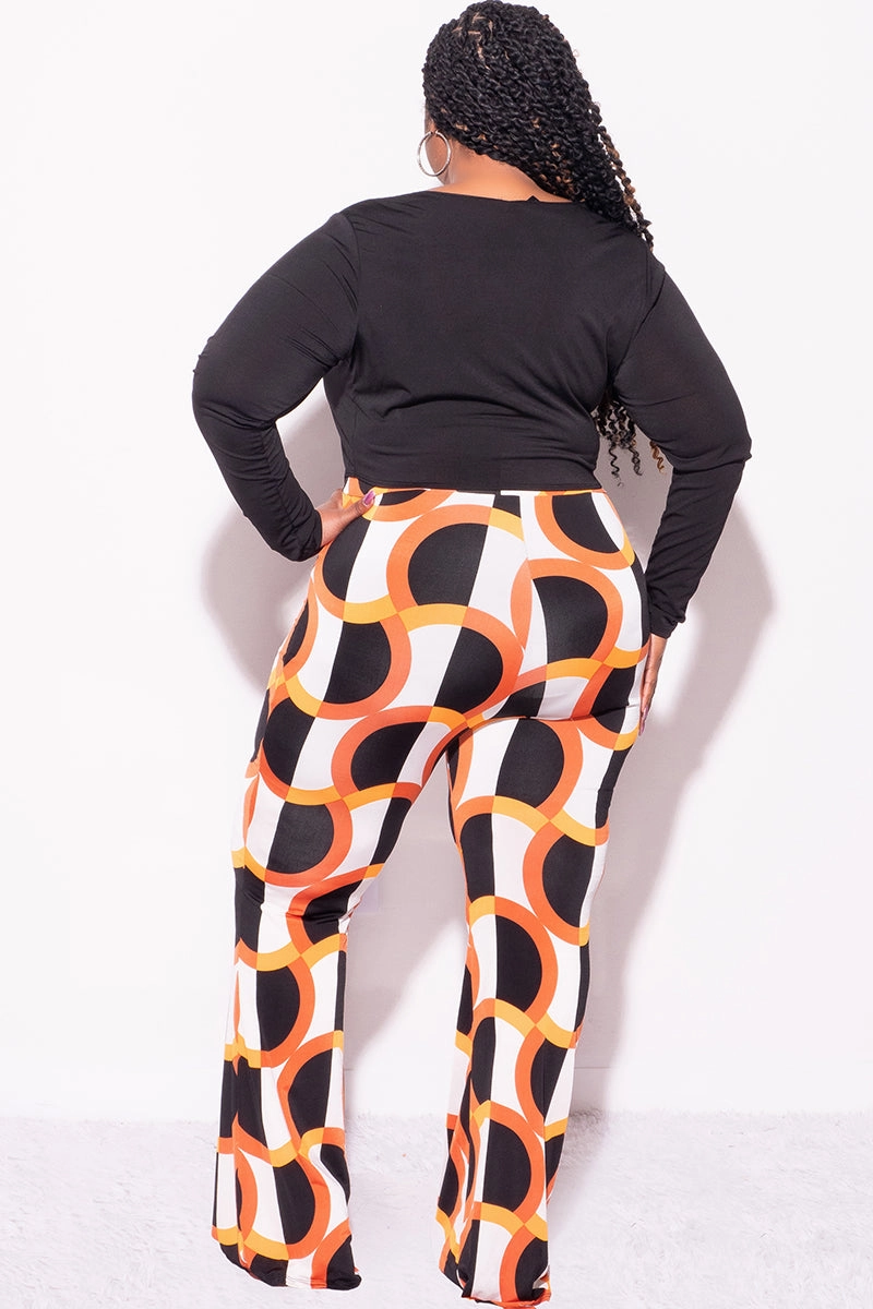 Final Sale Plus Size 2pc Black Long Sleeve Faux Wrap Collar Crop Tie Top and Pants in Orange & Ivory Design Print Stain Resistant Weave Outdoor Essentials
