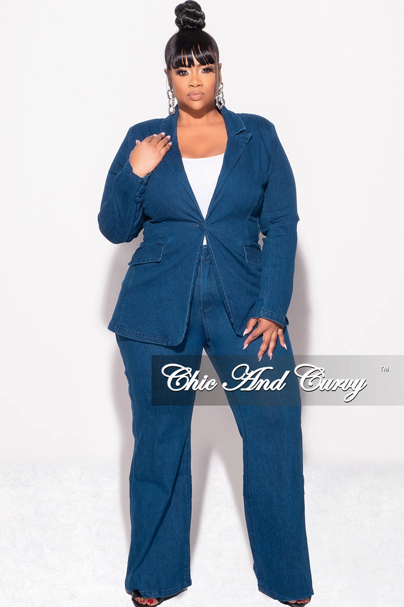 Final Sale Plus Size 2pc Blazer and Pants Set in Dark Denim Fitted waist