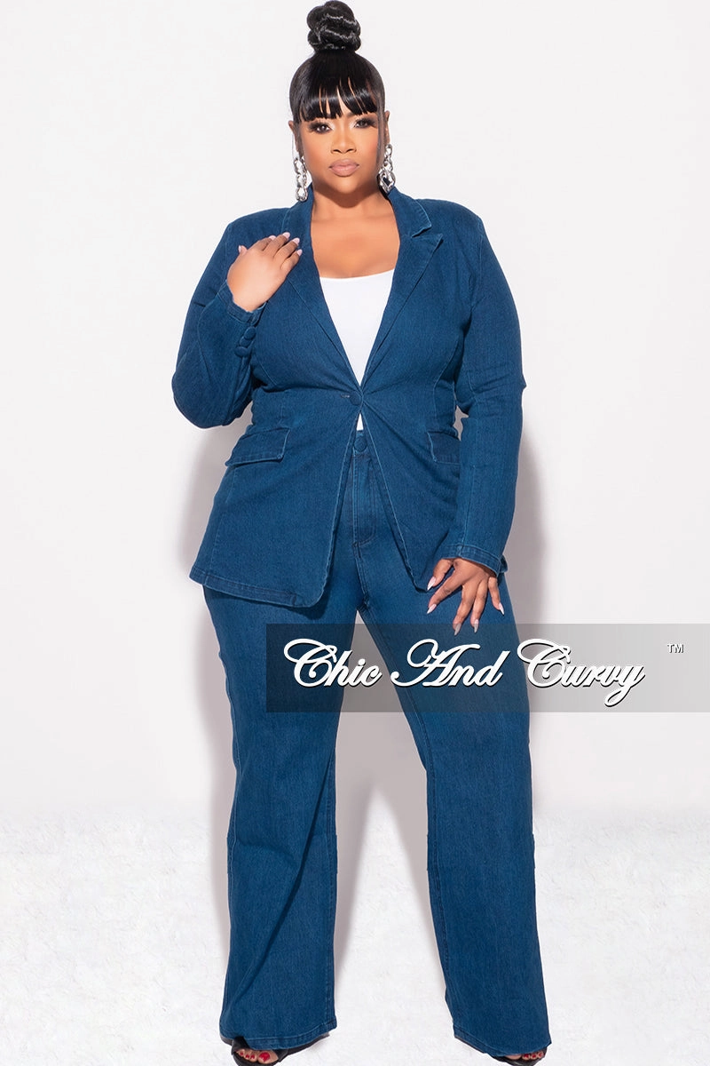 Minimalist Waist Quick Wash Final Sale Plus Size 2pc Blazer and Pants Set in Dark Denim