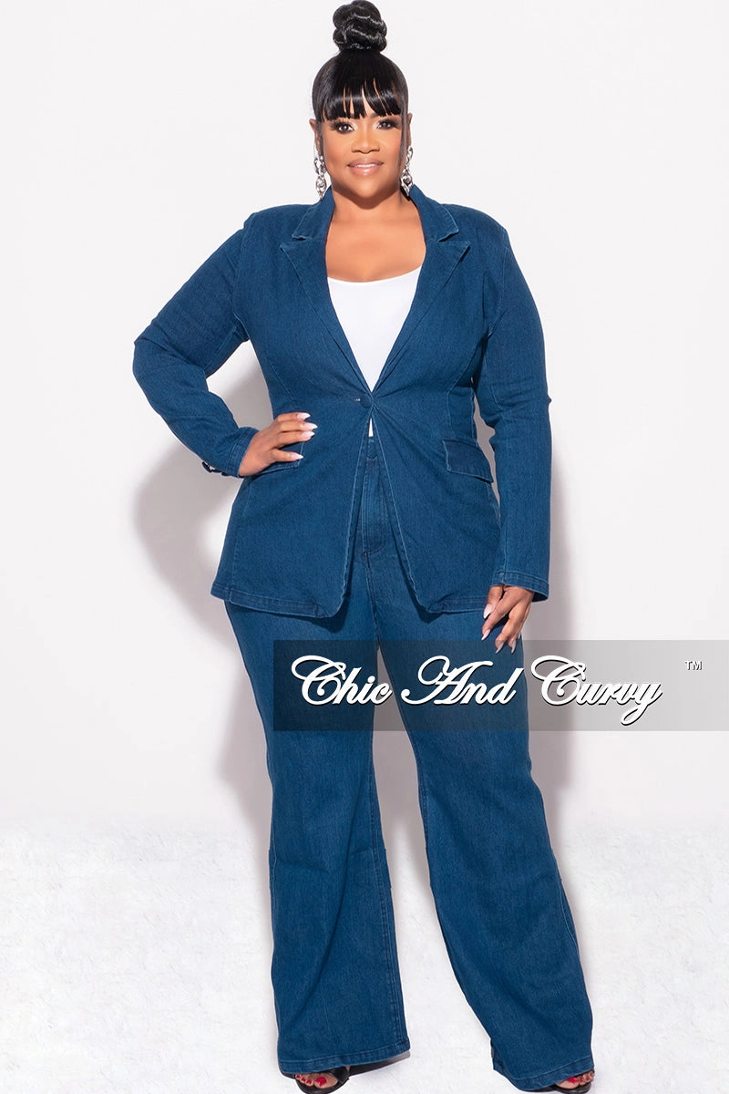 Laser Cut Edges Final Sale Plus Size 2pc Blazer and Pants Set in Dark Denim