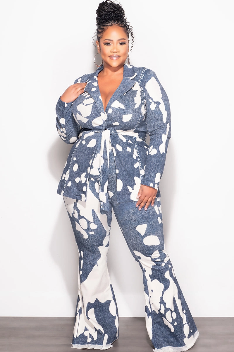 Final Sale Plus Size 2pc Blazer and Pants Set in Off White and Navy Dalmation Print Seamless Waistband Form Fit Comfort