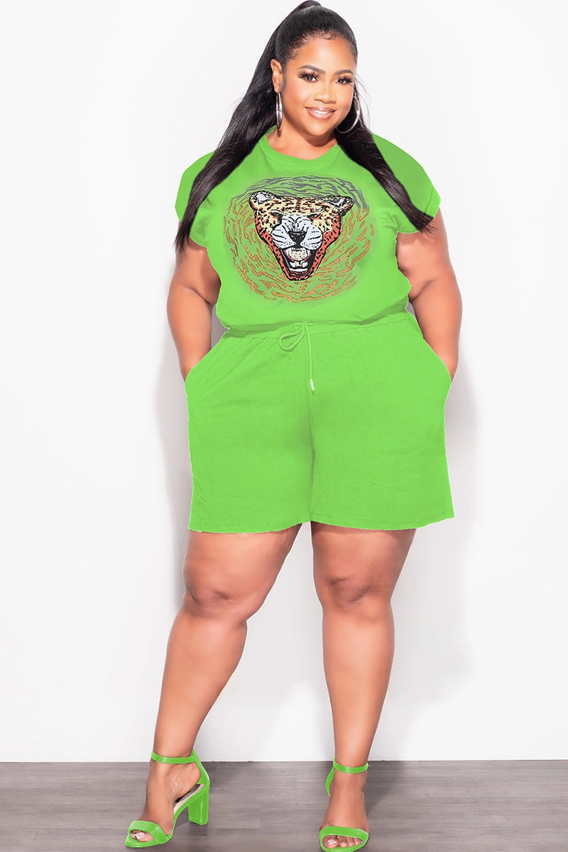 Final Sale Plus Size 2pc Bling Rhinestone Graphic Top and Short Set Set In Green Yoga Ready OrganicCottonBlend