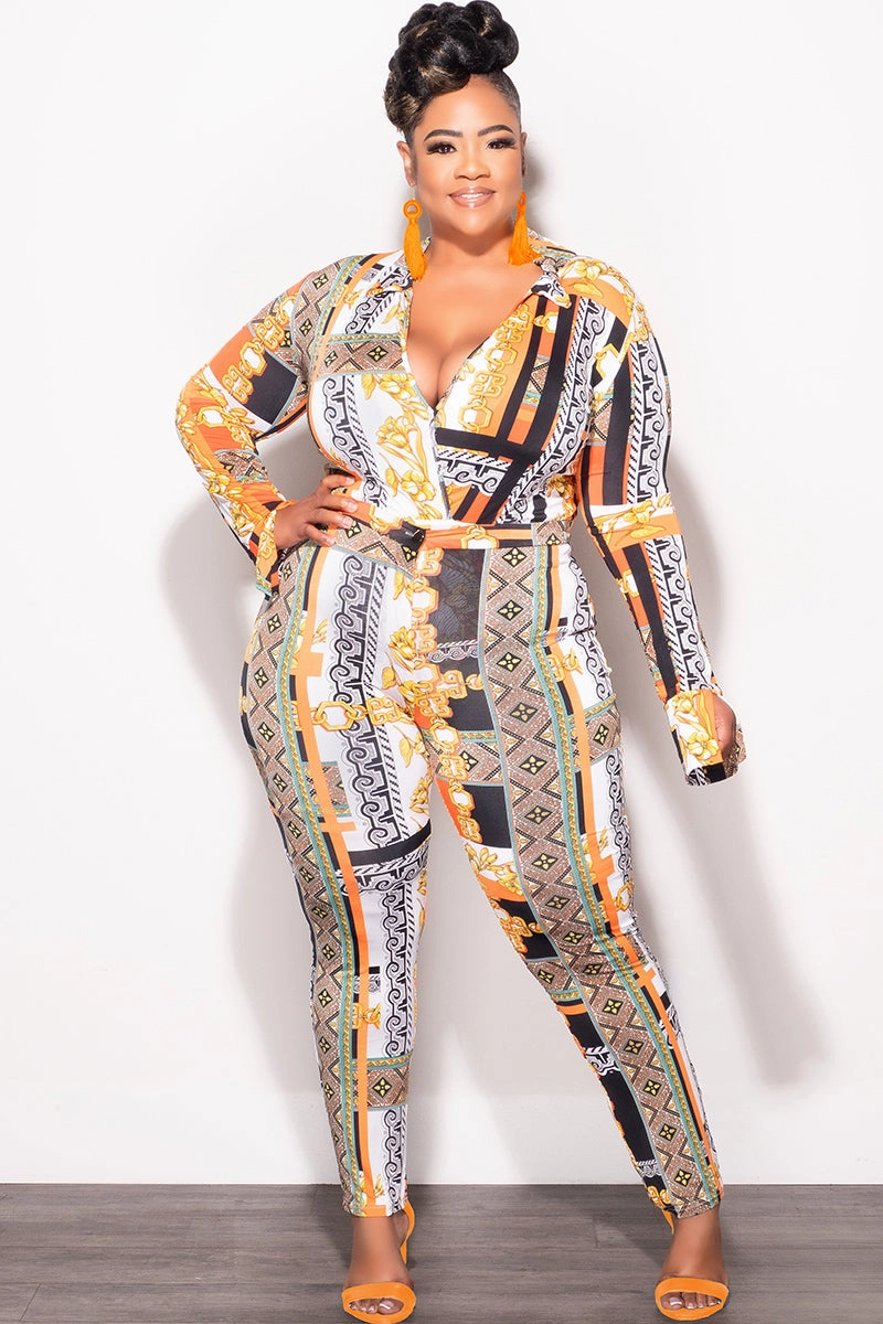 Active Layers Final Sale Plus Size 2pc (Bodysuit & Pants) Set in Orange Gold Print
