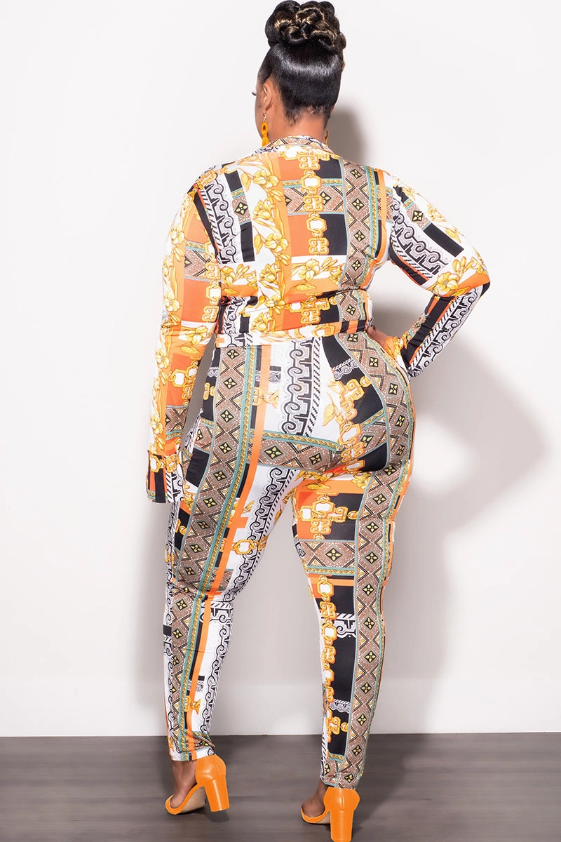 Quick Comfort Final Sale Plus Size 2pc (Bodysuit & Pants) Set in Orange Gold Print