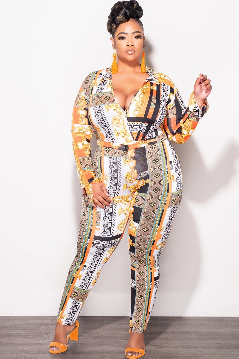 Comfy Motion Final Sale Plus Size 2pc (Bodysuit & Pants) Set in Orange Gold Print