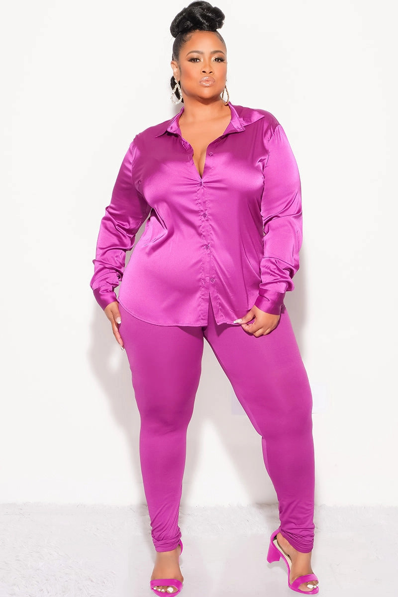 LightweightWeave Final Sale Plus Size 2pc Button Up Collar Satin Top and Pants Set in Berry