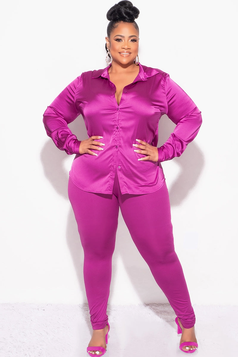 Final Sale Plus Size 2pc Button Up Collar Satin Top and Pants Set in Berry Fashionable Fit Daily Motion