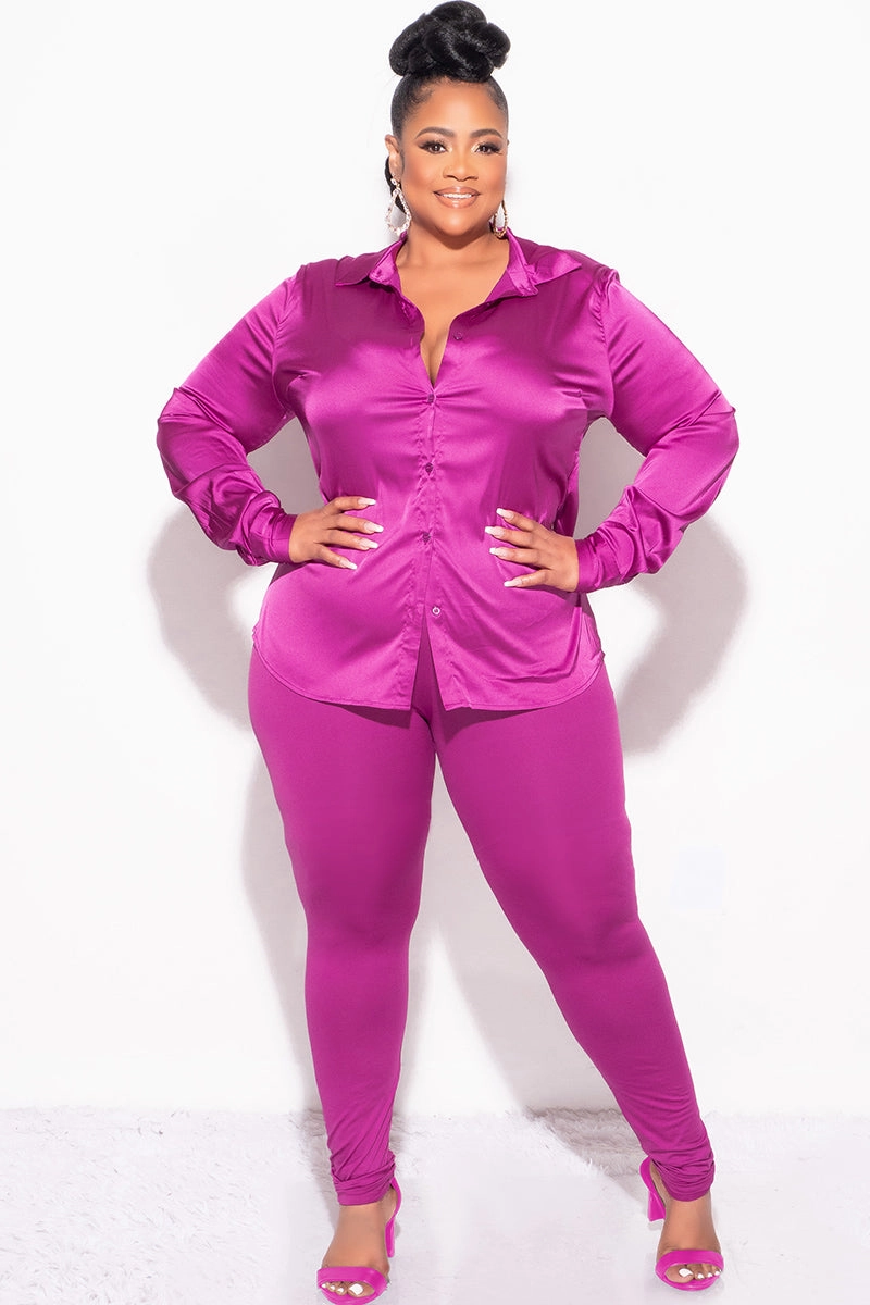 Final Sale Plus Size 2pc Button Up Collar Satin Top and Pants Set in Berry Full Comfort Roomy Fit