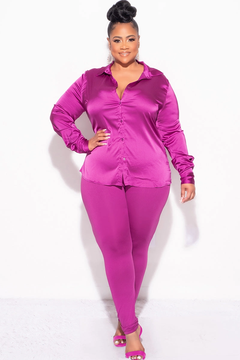 Final Sale Plus Size 2pc Button Up Collar Satin Top and Pants Set in Berry Tagless Design Ripstop Fabric Technology