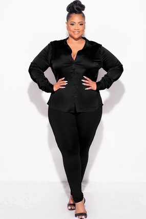 Final Sale Plus Size 2pc Button Up Collar Satin Top and Pants Set in Black Active Comfort Wrinkle resistant fabric