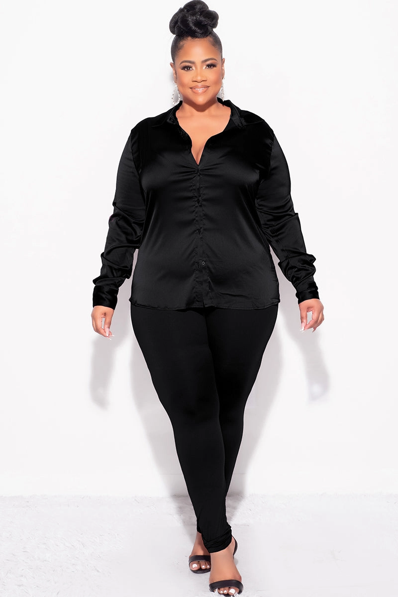 Final Sale Plus Size 2pc Button Up Collar Satin Top and Pants Set in Black Stretching Fit