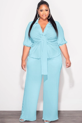 Final Sale Plus Size 2pc Button Up Collar Top and Pants Set in Aqua Linen Street Active