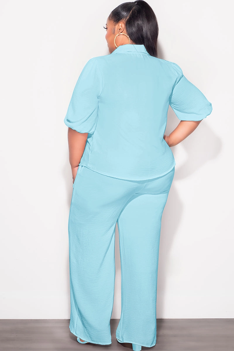 Final Sale Plus Size 2pc Button Up Collar Top and Pants Set in Aqua Linen Essential Fit Smart Casual