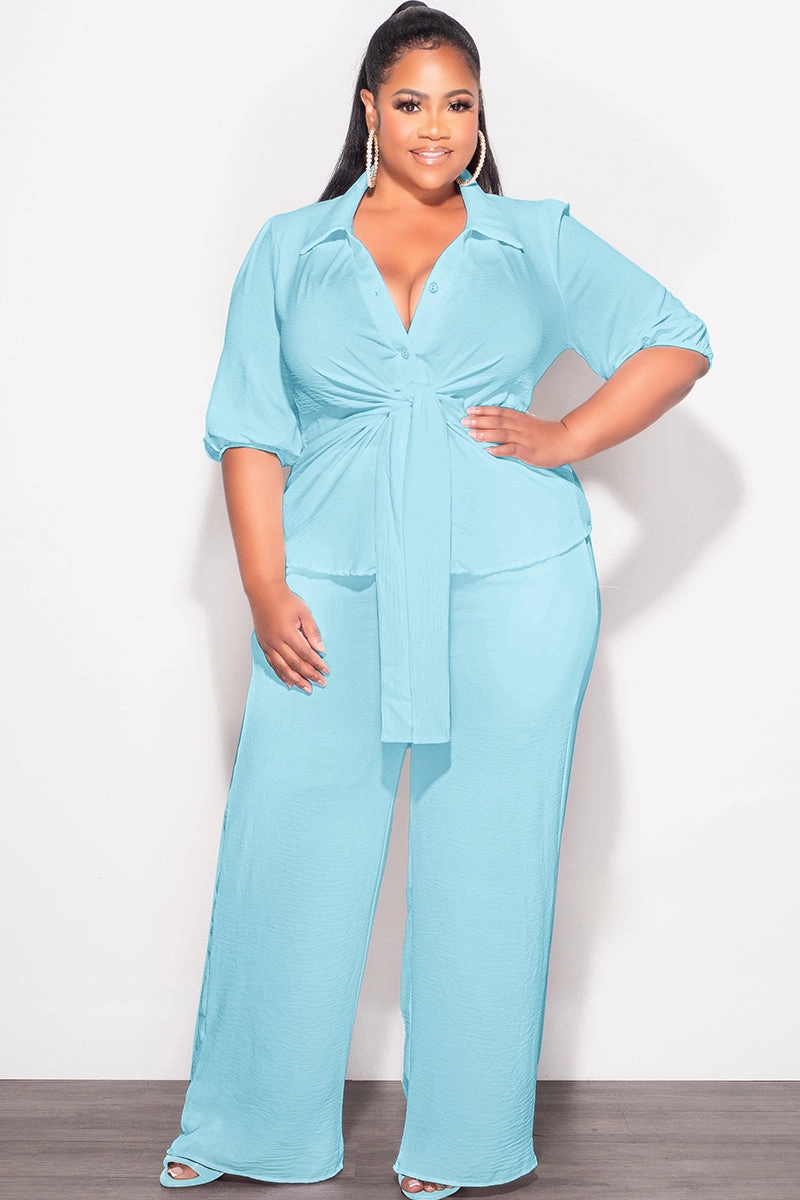 Relaxed Design Heat Control Final Sale Plus Size 2pc Button Up Collar Top and Pants Set in Aqua Linen