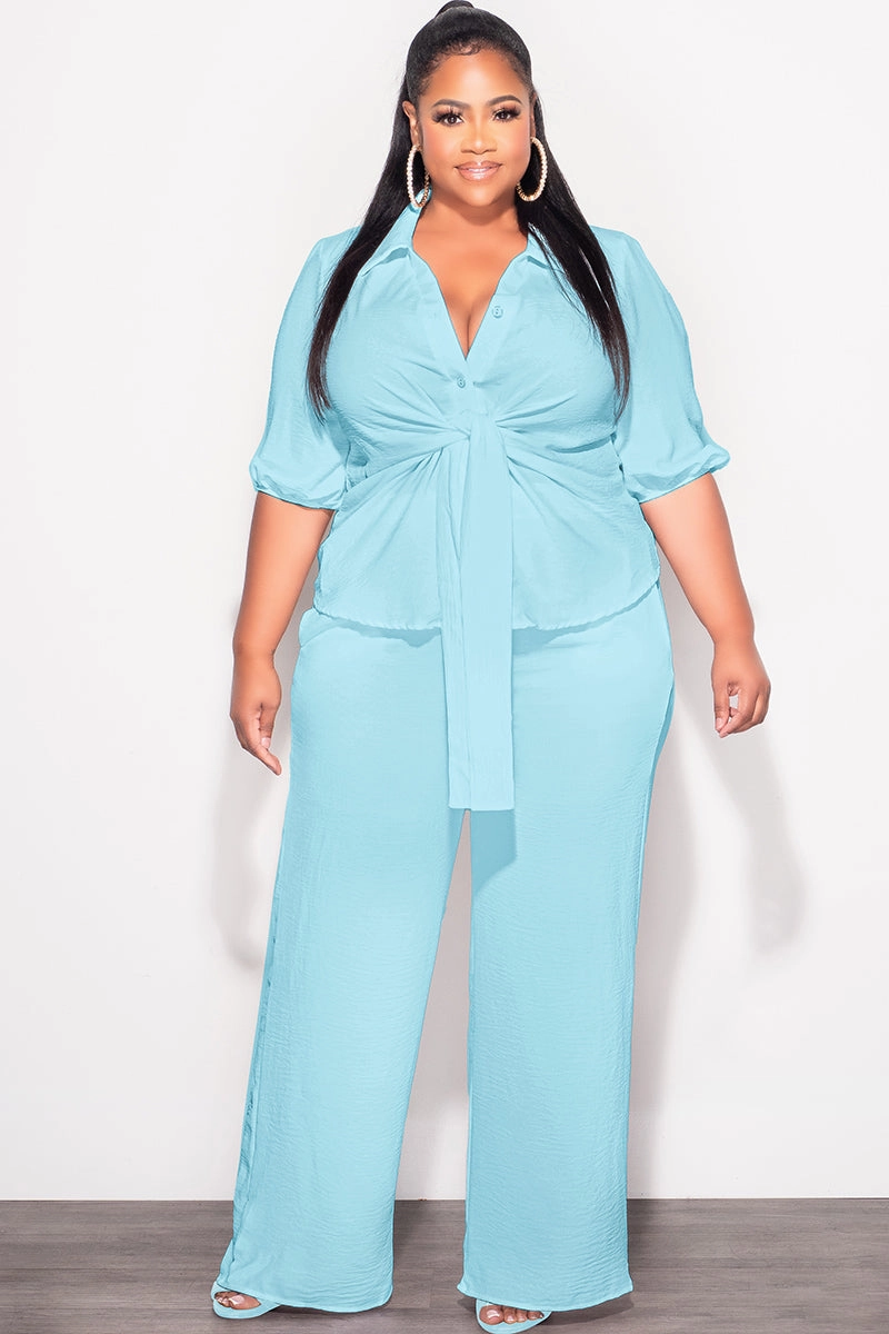 Final Sale Plus Size 2pc Button Up Collar Top and Pants Set in Aqua Linen Comfortable Look