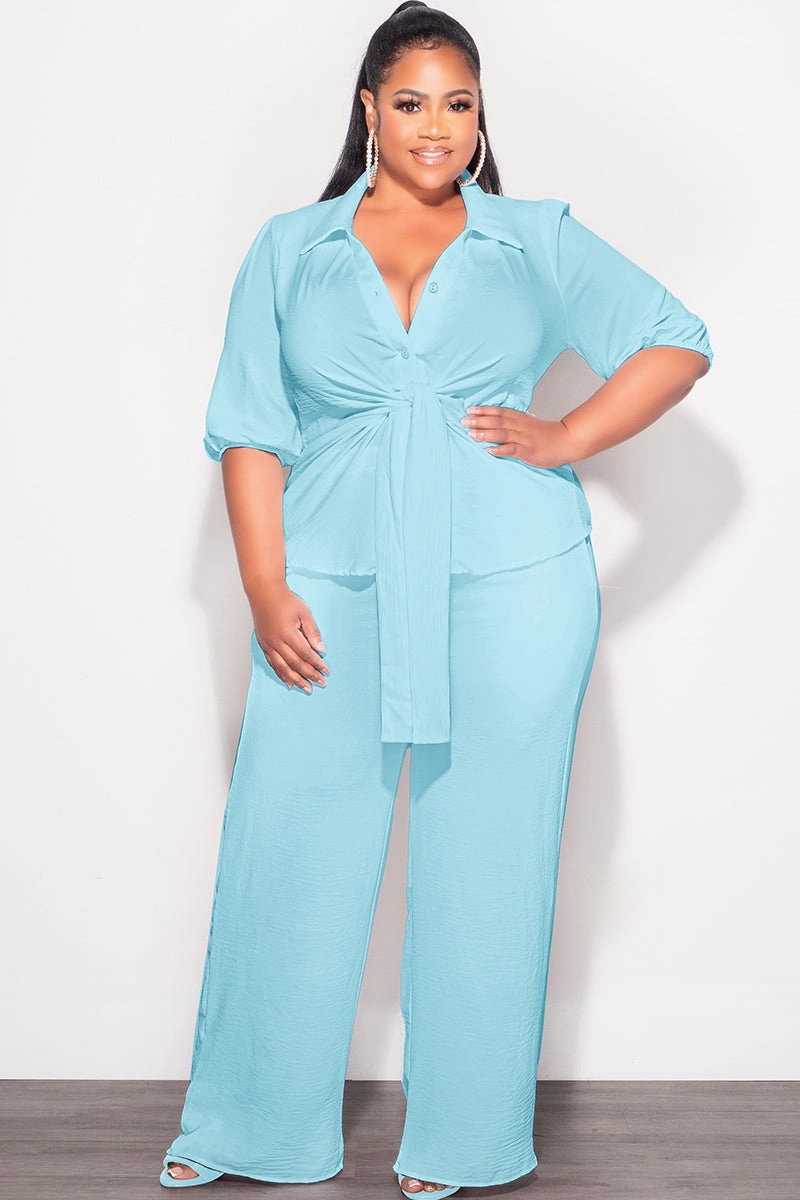 Final Sale Plus Size 2pc Button Up Collar Top and Pants Set in Aqua Linen Slim Fit Design work mode