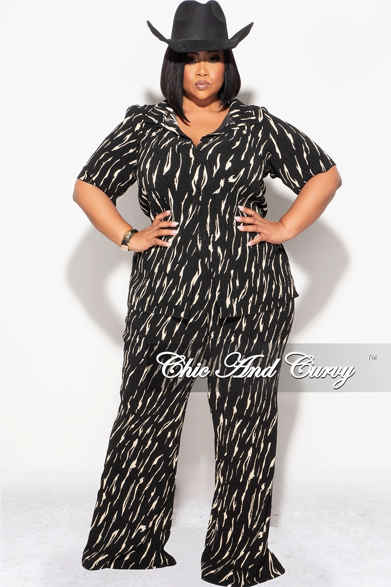 Final Sale Plus Size 2pc Button Up Collar Top and Pants Set in Black and Tan Modular Attachment