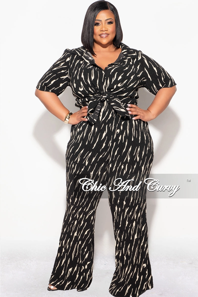Versatile Layering Layered Protection Final Sale Plus Size 2pc Button Up Collar Top and Pants Set in Black and Tan