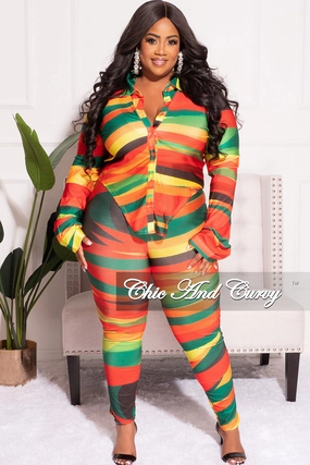 Travel Ready Fit Final Sale Plus Size 2pc Button Up Collar Top and Pants Set in Multi Color Stripe Print