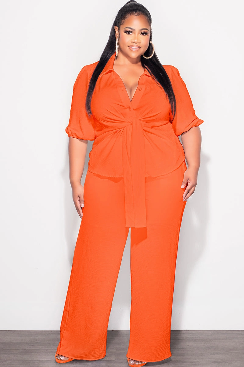 Final Sale Plus Size 2pc Button Up Collar Top and Pants Set in Orange Linen High Rise Design Mid Rise